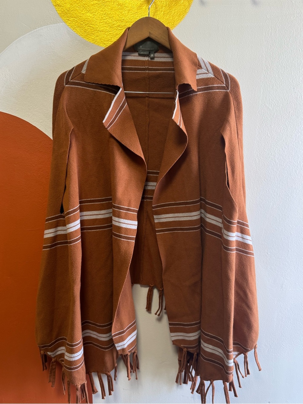Anthropologie Terracotta Striped Boho Fringe Knit Capelet Poncho Wrap OS